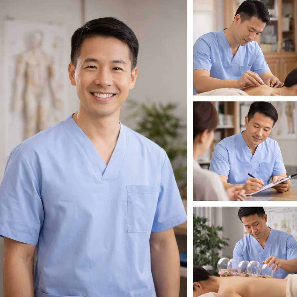 Sample acupuncture clinic collage with practitioner and treatment scenes.