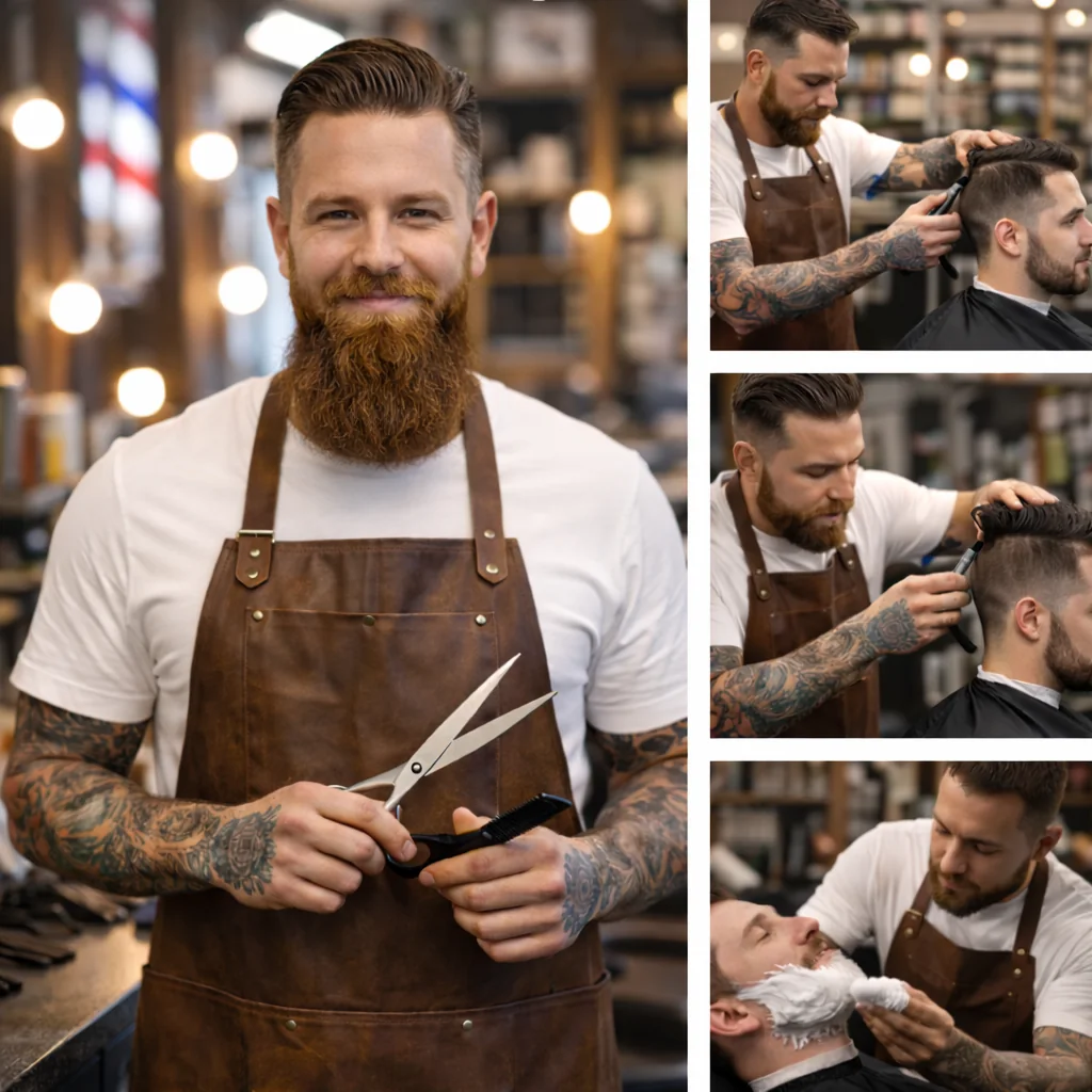 Sample barber shop collage with barber and grooming scenes.