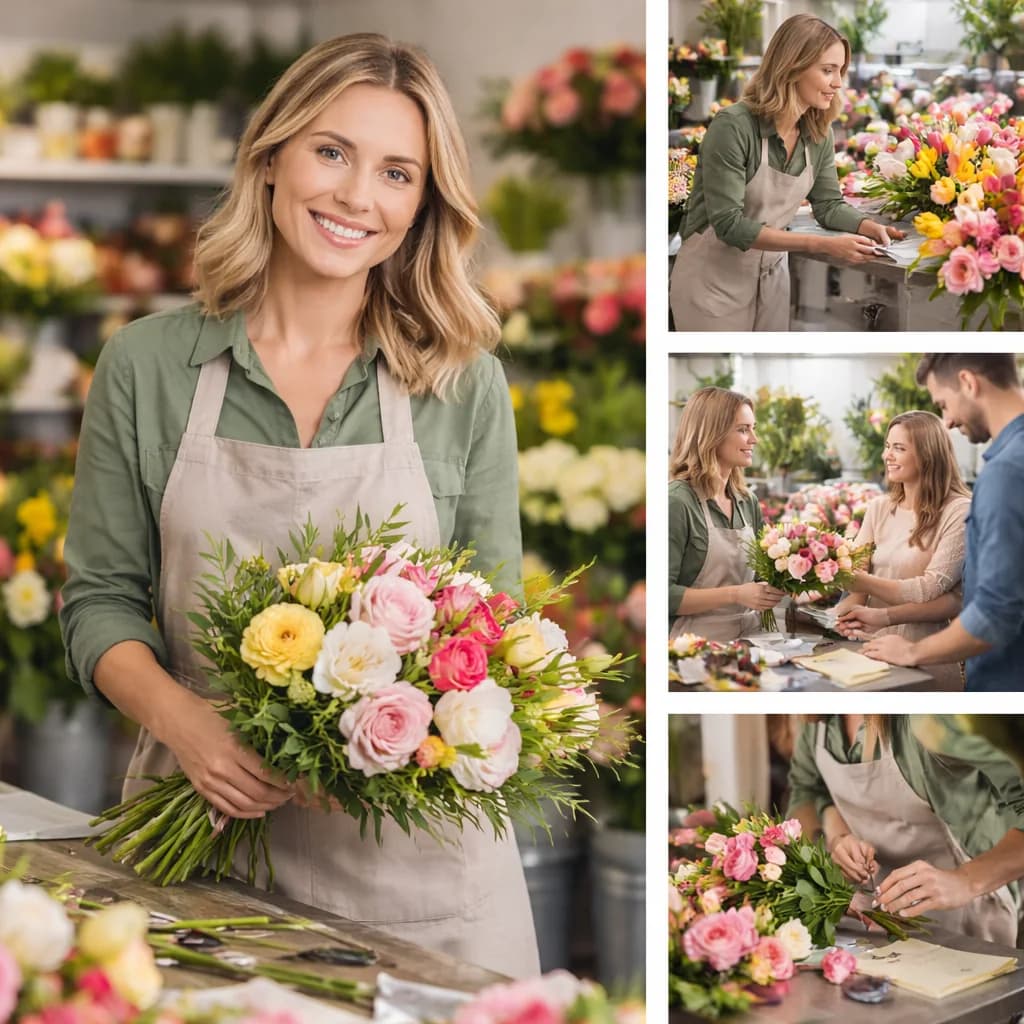 Sample florist collage with bouquet and flower shop scenes.