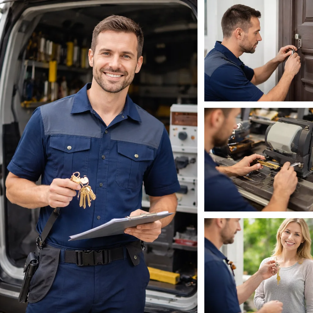 Sample locksmith collage with mobile locksmith service scenes.