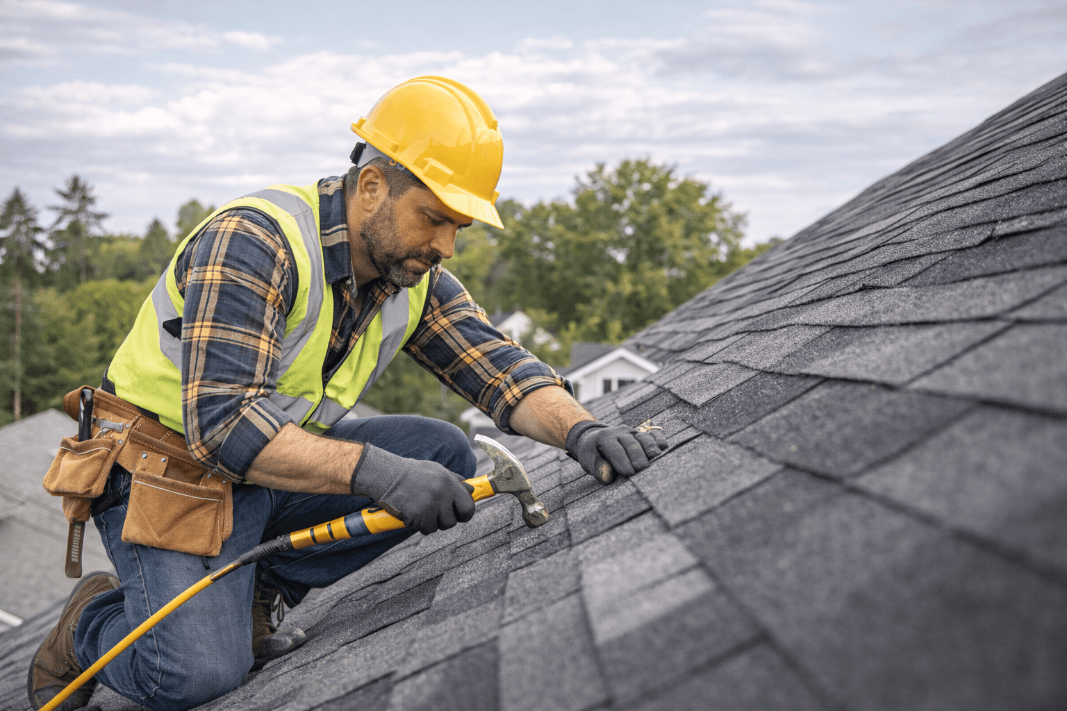 Roof repair and installation collage showing professional roofing work