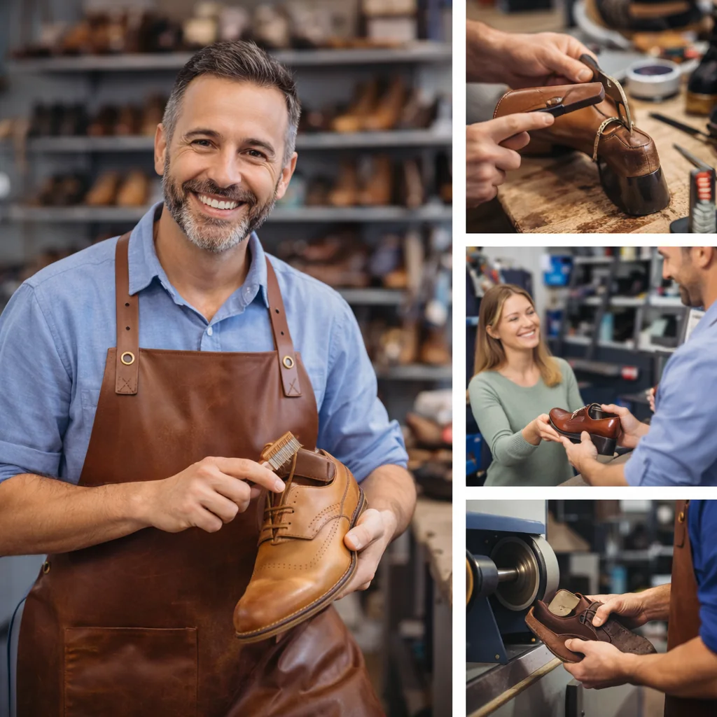 Sample shoe repair collage with cobbler and repair scenes.
