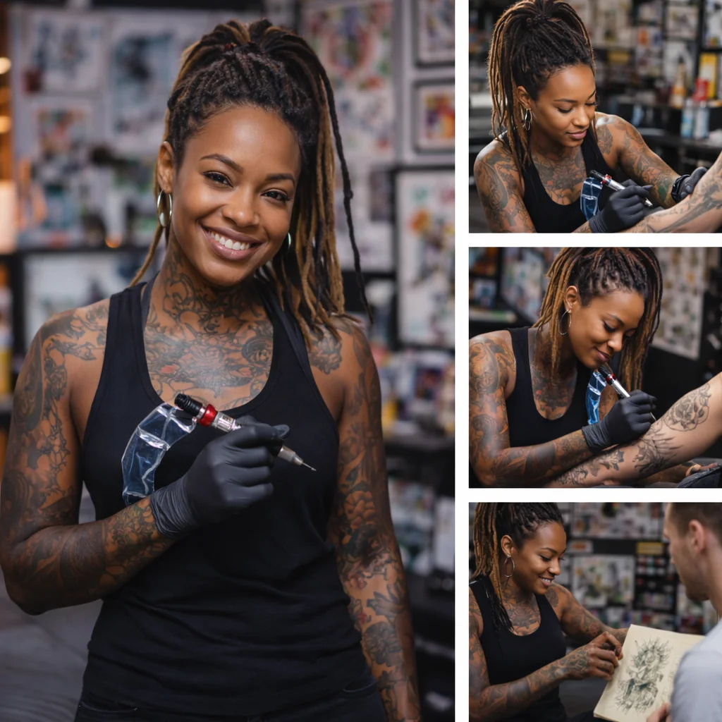 Sample tattoo studio collage with artist and tattooing scenes.