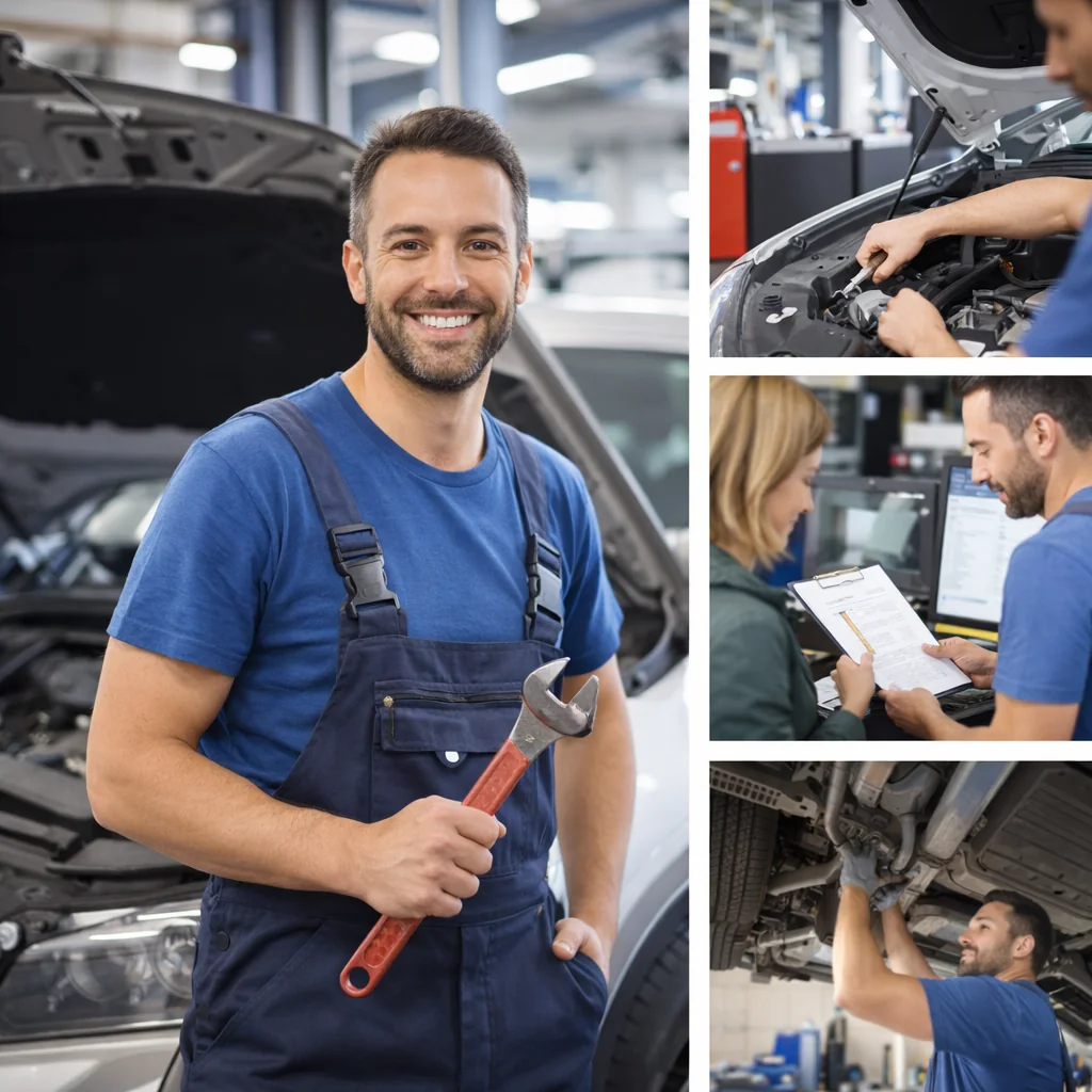 Sample auto repair collage with mechanic and service scenes.