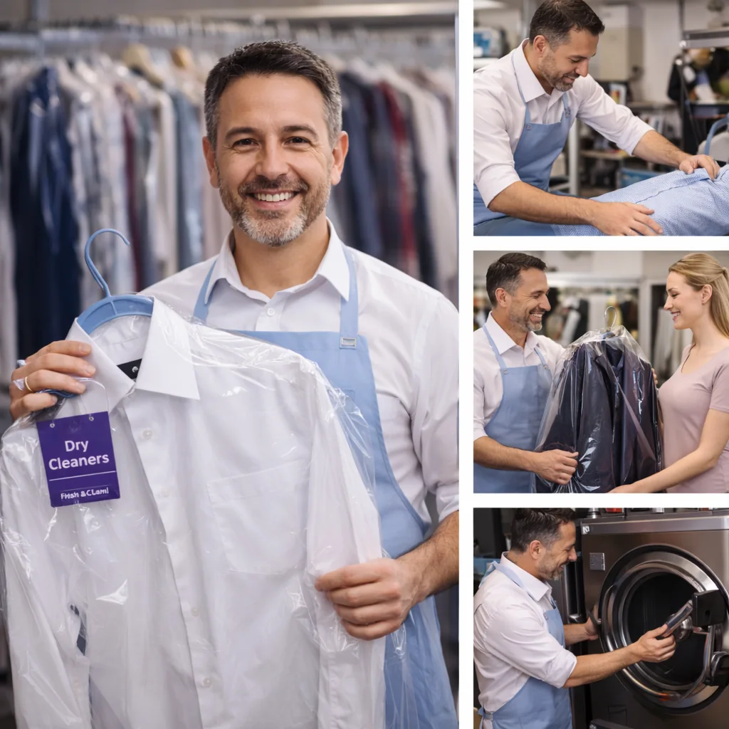Sample dry cleaner collage with garment care and customer scenes.