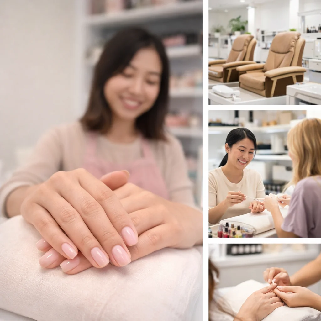 Sample nail salon collage with manicure scenes.