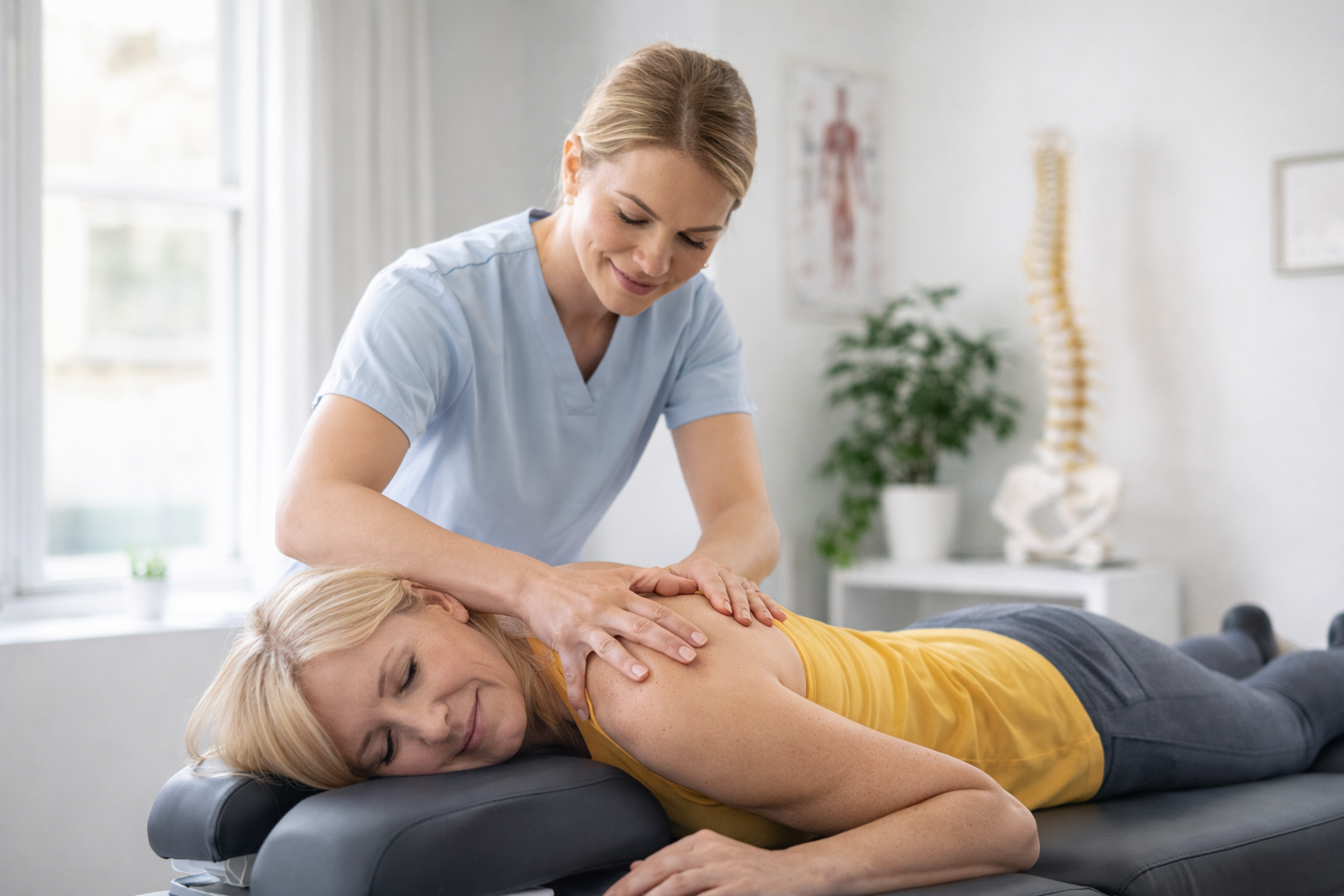 Chiropractor performing a wellness adjustment on a patient in a bright clinic.