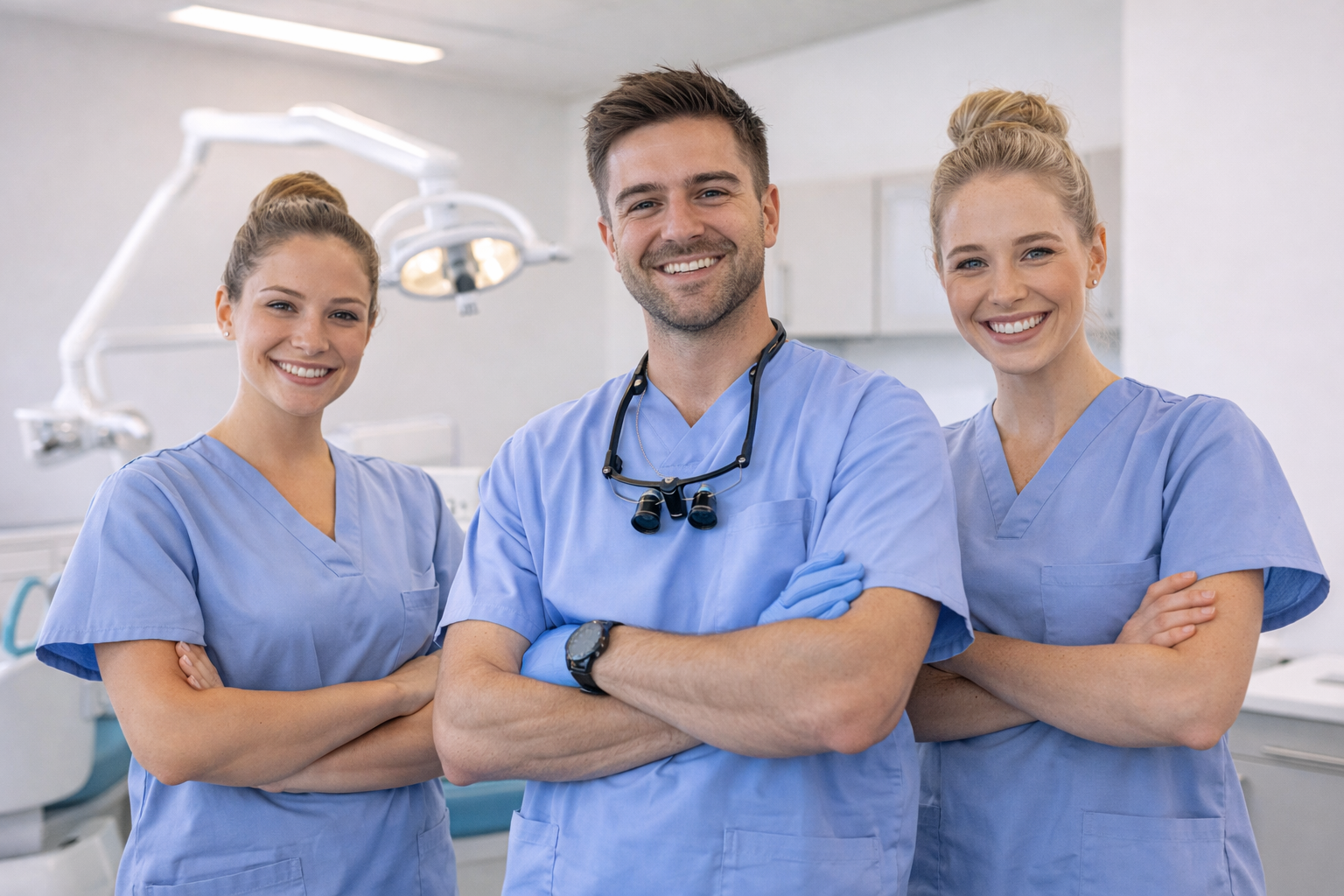Dental clinic team photo in a bright, modern treatment room.